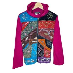 Rising Tide Boho Hippy Artsy Embroidered Hooded Zip Jacket Size Small